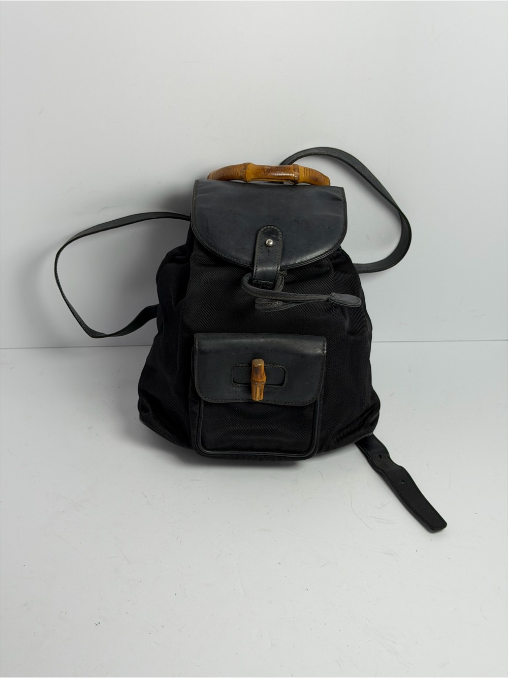 Vintage 90s Gucci Bamboo Black Leather/Nylon Mini Backpack